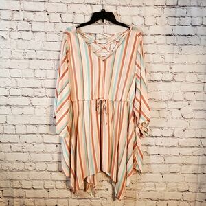 Torrid Asymmetrical Pastel Vertical Stripped Babydoll Boho HiLo Blouse Size 3X